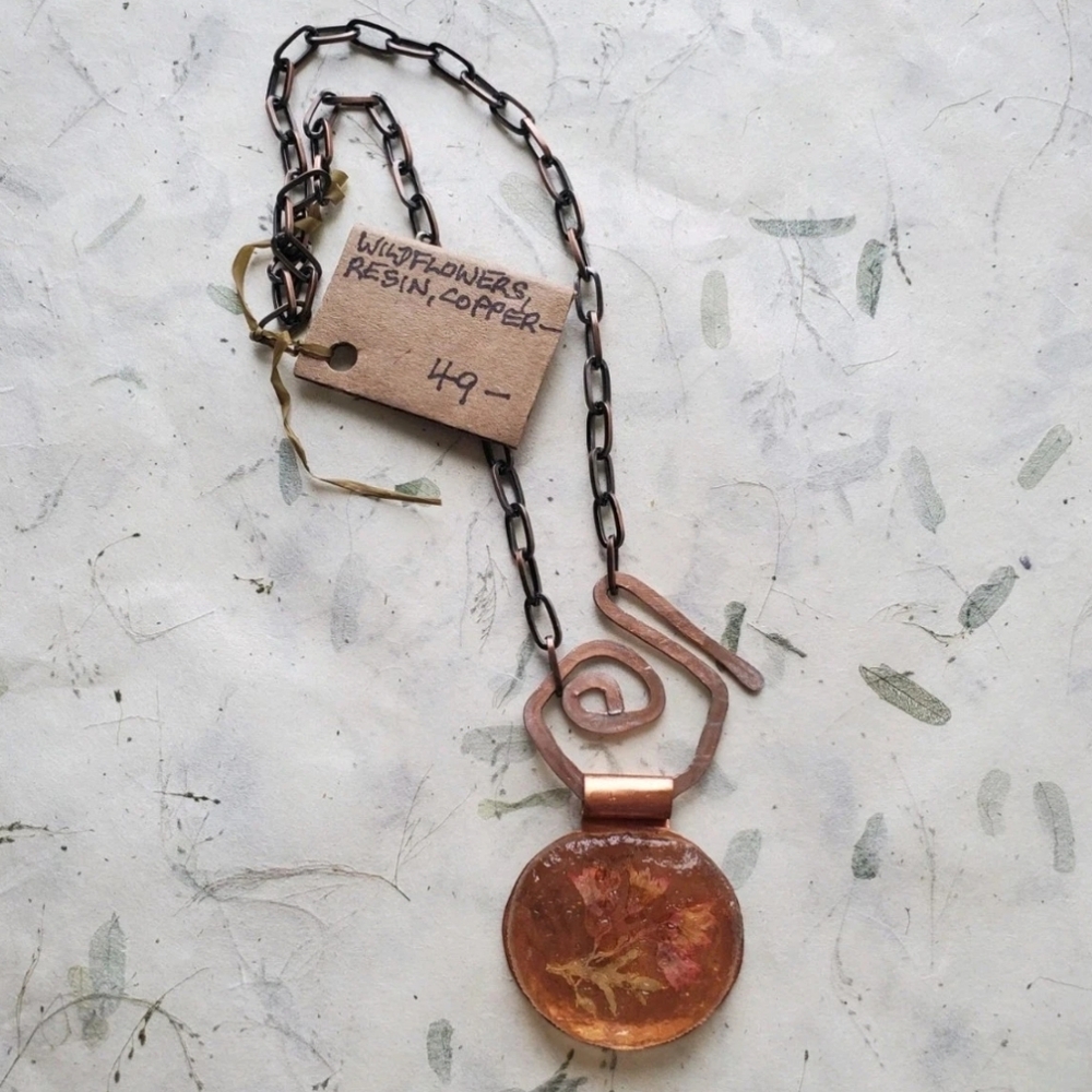 Artisan Wild Flowers In Resin Copper Chain Necklace - Nwt
